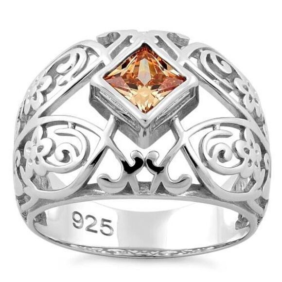 Sterling Silver Fleur-de-lis Flower Champagne CZ Ring New - Picture 2 of 4